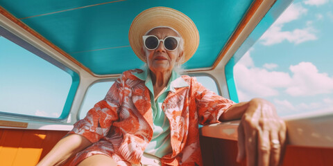 Lifestyle portrait of eccentric elderly woman in colorful blue and orange clothes on boat vacation, Generative AI
