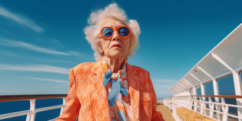 Lifestyle portrait of stylish eccentric elderly woman in colorful blue and orange outfit on boat vacation, Generative AI