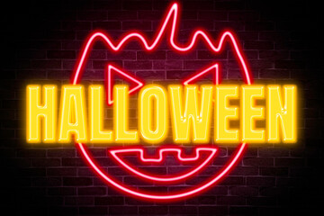 Halloween sign neon banner on brick wall background.