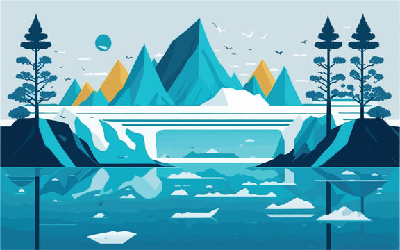 vector-style background image that conveys the impact of climate change, using minimalistic representations of melting icebergs, rising sea levels, and withering trees, symbolizing the urgency to