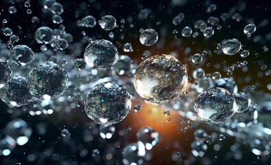 Ethereal Dance: Soda Bubbles and Sparkling Water Droplets Floating in Space. Abstract Background with Transparent Crystal-Like Bubbles. generative AI,