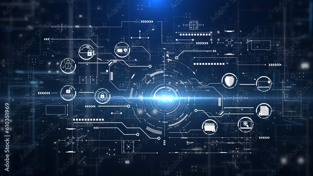 Poster Cyber attack security network protection business technology concept. Safe online data UI authorized universal access illustration background.