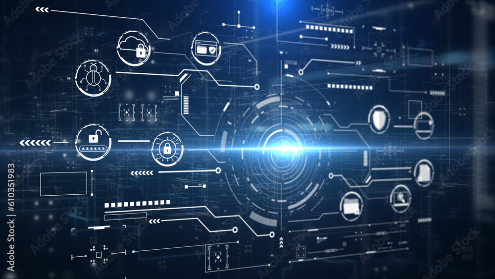 Aufkleber Cyber attack security network protection business technology concept. Safe online data UI authorized universal access illustration background.