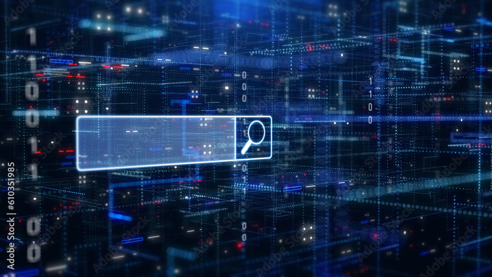 Poster AI technology power search engine button optimization. Digital data command prompt for article automatic generator illustration concept.