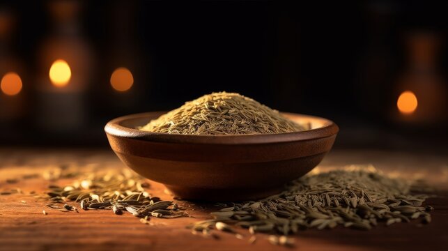 cumin powder in a ceramic bowl alongside whole cumin seeds