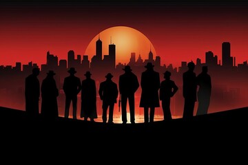 Fototapeta premium Illustration Silhouettes of gangsters against a backdrop of a cityscape at dusk, evoking the atmosphere of the Prohibition era. Generative AI
