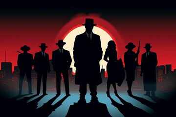 Illustration Silhouettes of gangsters against a backdrop of a cityscape at dusk, evoking the atmosphere of the Prohibition era. Generative AI - obrazy, fototapety, plakaty