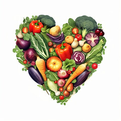 Assorted vegetables in the shape of a heart, on a white background, Generative AI