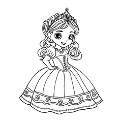 Cute cartoon girl dressed ball dress and tiara outline for coloring on a white background