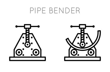 Pipe bending machine icons set. Machine for bending pipes at an angle mechanically.