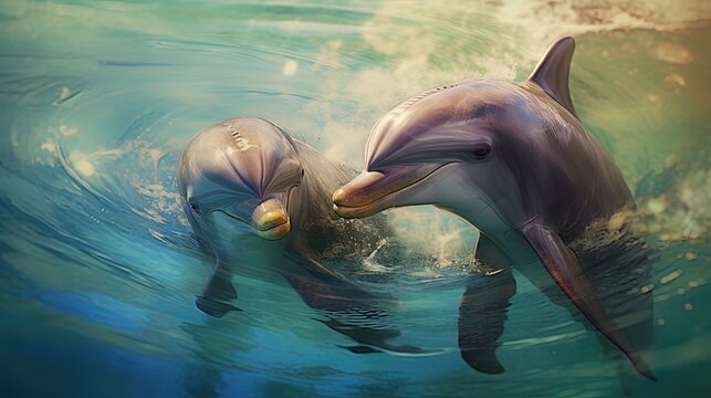illustration of cute two dolphin in ocean look lovely play togethern, Generative Ai