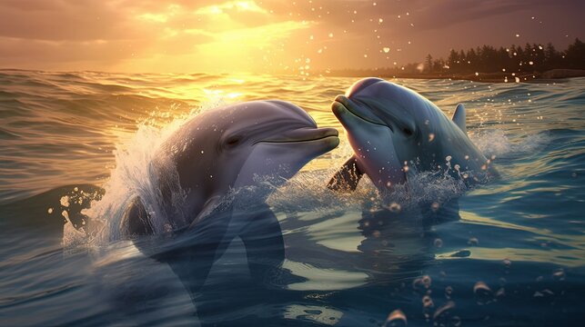 illustration of cute two dolphin in ocean look lovely play togethern, Generative Ai