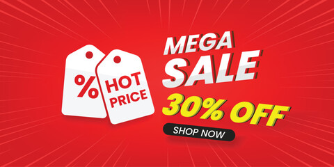 Mega sale banner with price tag on red background template