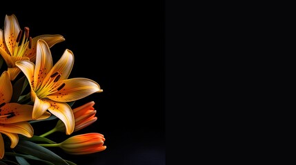 Lilium in orange isolated on a black background, fire lilies with copy space. Card.. Generative AI