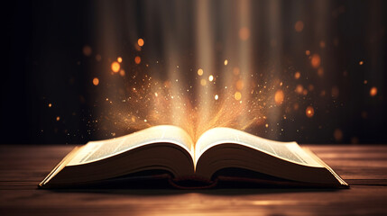 Obraz na płótnie Canvas Open book Bible on wooden desk with mystic bright light fantasy light