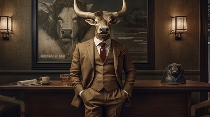 bossy bull handsome businessman pose portrait in office room, Generative Ai