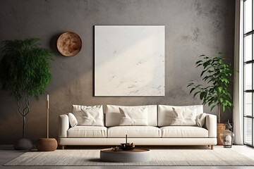 Interior design of living room with sofa, chest and mockup up poster, created with Generative AI