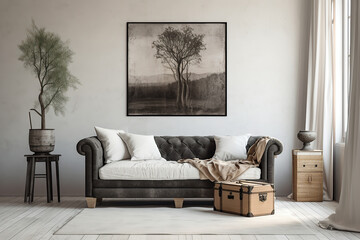Interior design of living room with sofa, chest and mockup up poster, created with Generative AI