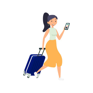Woman with luggage and phone flat icon. Colored vector element from airport collection. Creative Woman with luggage and phone icon for web design, templates and infographics.