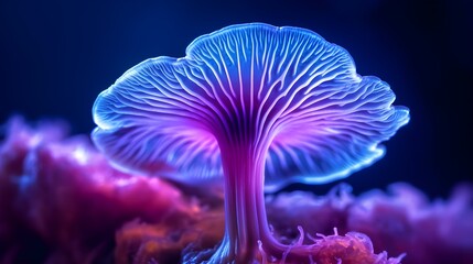Vibrant purple and blue bioluminescent mushroom created with Generative AI technology