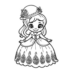 Cute cartoon girl dressed ball dress and tiara outline for coloring on a white background