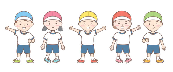体操服の子供たち　全身　カラー帽子