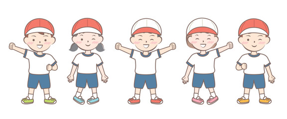 体操服の子供たち　全身　紅白帽