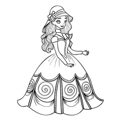 Fototapeta premium Cute cartoon girl dressed ball dress and tiara outline for coloring on a white background
