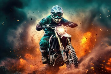 Dirt bike rider in fire background - obrazy, fototapety, plakaty