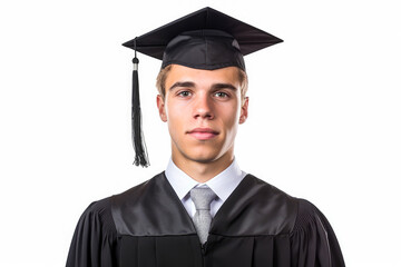 Portrait of a male valedictorian dressed in black academic dress on a white background, very high honor. Generative AI
