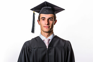 Portrait of a male valedictorian dressed in black academic dress on a white background, very high honor. Generative AI