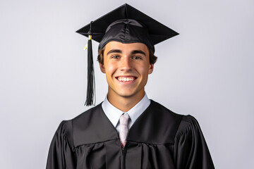 Portrait of a smiling male valedictorian dressed in black academic dress on a white background, very high honor. Generative AI