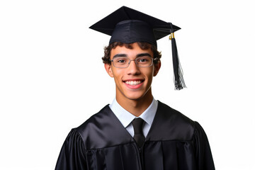 Portrait of a smiling male valedictorian dressed in black academic dress on a white background, very high honor. Generative AI