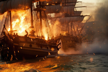 Pirate ships fighting at the open sea at night, battle with open fire, disastrous outcome. Generative AI