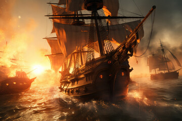 Pirate ships fighting at the open sea at night, battle with open fire, disastrous outcome. Generative AI