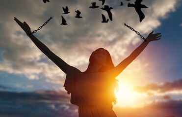 The woman breaking steel chains with free birds