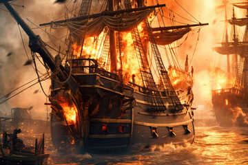 Pirate ships fighting at the open sea at night, battle with open fire, disastrous outcome. Generative AI