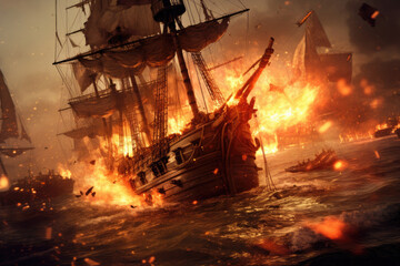 Pirate ships fighting at the open sea at night, battle with open fire, disastrous outcome. Generative AI