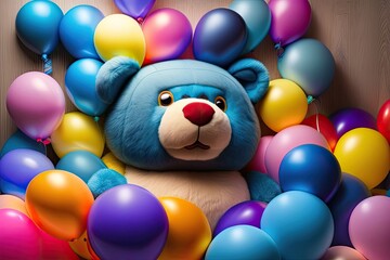 Multi Colored Balloons and Blue Teddy Bear Toy Generative AI