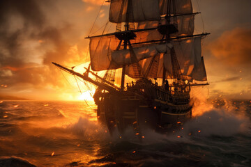 Obraz premium Pirate ships fighting at the open sea at night, battle with open fire, disastrous outcome. Generative AI