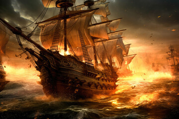 Obraz premium Pirate ships fighting at the open sea at night, battle with open fire, disastrous outcome. Generative AI