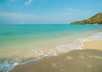 Beautiful Landscape summer panorama front view wide mountain tropical sea beach white sand clean and blue sky background calm Nature ocean wave water travel at Sai Kaew Beach thailand Chonburi