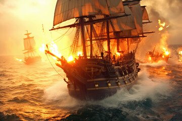 Obraz premium Pirate ships fighting at the open sea at night, battle with open fire, disastrous outcome. Generative AI