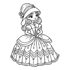 Fototapeta premium Cute cartoon girl dressed ball dress and tiara outline for coloring on a white background