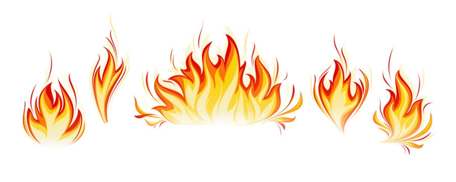 Cartoon fire flames vector set. Ignition light effect, flaming symbols. Hot flame energy, effect fire animation illustration. Realistic flames tongues. Vector illustration.