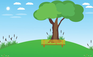 Vector illustration of bench and colorful trees green grass and  flowers with skyscrapers background in spring