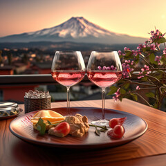Delicious food and wine with Mt. Fuji , Japan (AI generative)