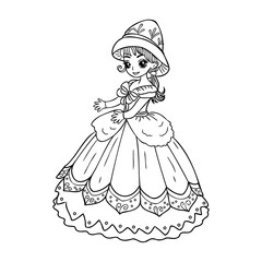 Fototapeta premium Cute cartoon girl dressed ball dress and tiara outline for coloring on a white background