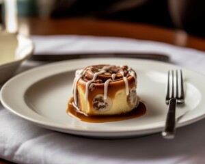 cinnamon-sprinkled dessert, such as a cinnamon roll, on a white plate with a fork resting nearby