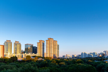 Fototapeta na wymiar Aerial view of yeouido Hangang park in autumn season with skyscrapers and modern buildings cityscape, Seoul city, Republic of Korea
